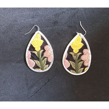 Load image into Gallery viewer, Lemon and Pink Flower earrings : cloth and metal embroidered jewellery hand made in India