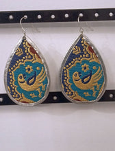 Load image into Gallery viewer, Green Bird earrings : cloth and metal embroidered jewellery hand made in India