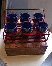 Load image into Gallery viewer, Cutting chai set of 6 indigo blue glasses with red metal holder