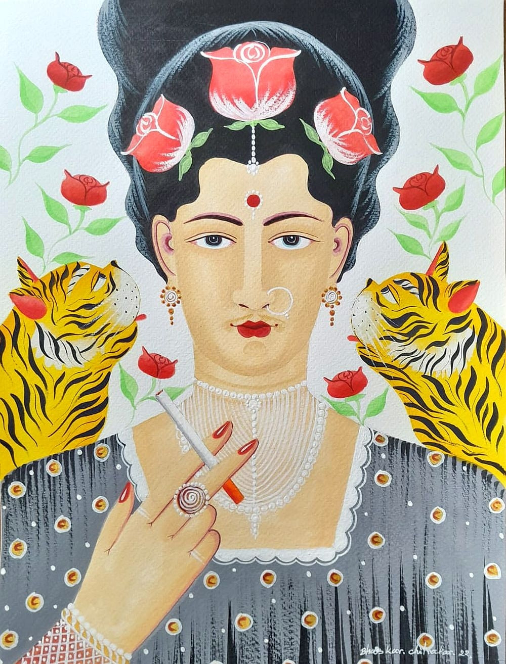 Kali-Kahlo with tiger-cubs, roses and cigarettes