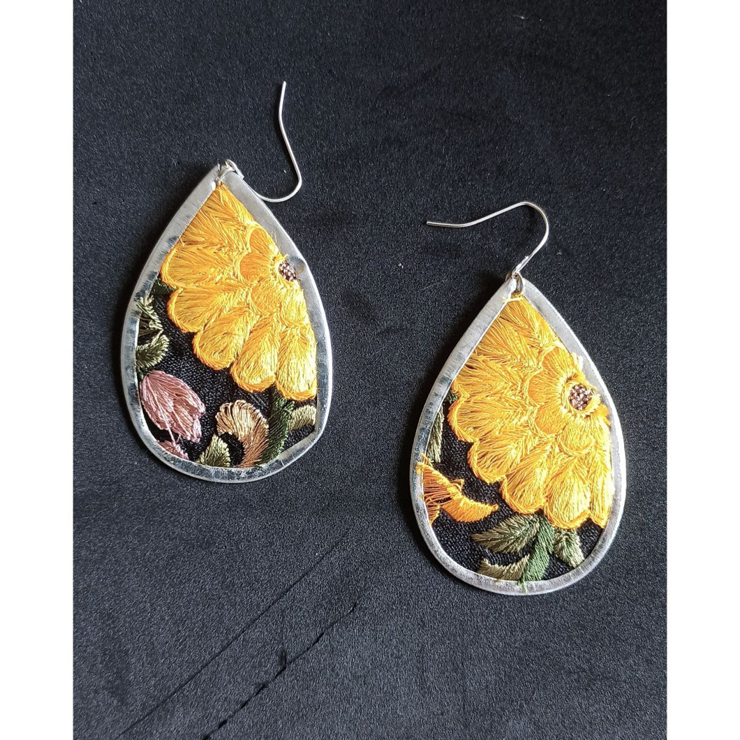 Yellow Flower earrings : cloth and metal embroidered jewellery hand made in India
