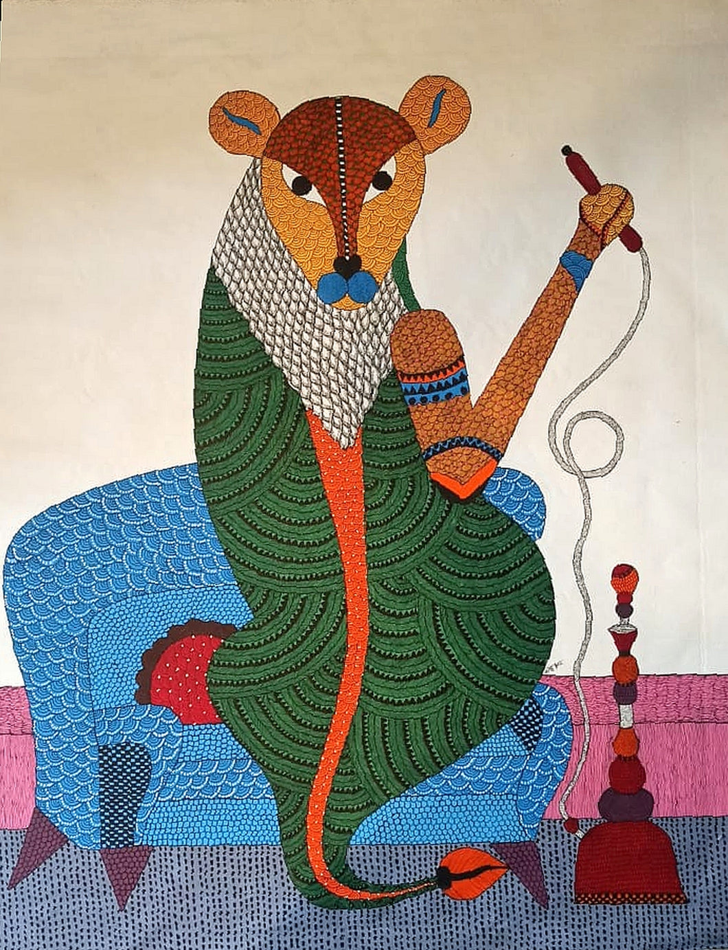 Fantastical creature with hookah -2 : gond art by Rajendra Urweti
