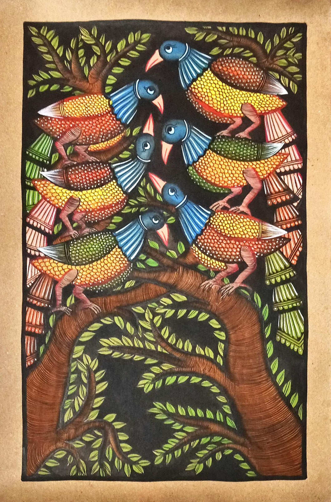 Birds of the Night -2 : Midnapore patachitra painting by Layala Chitrakar
