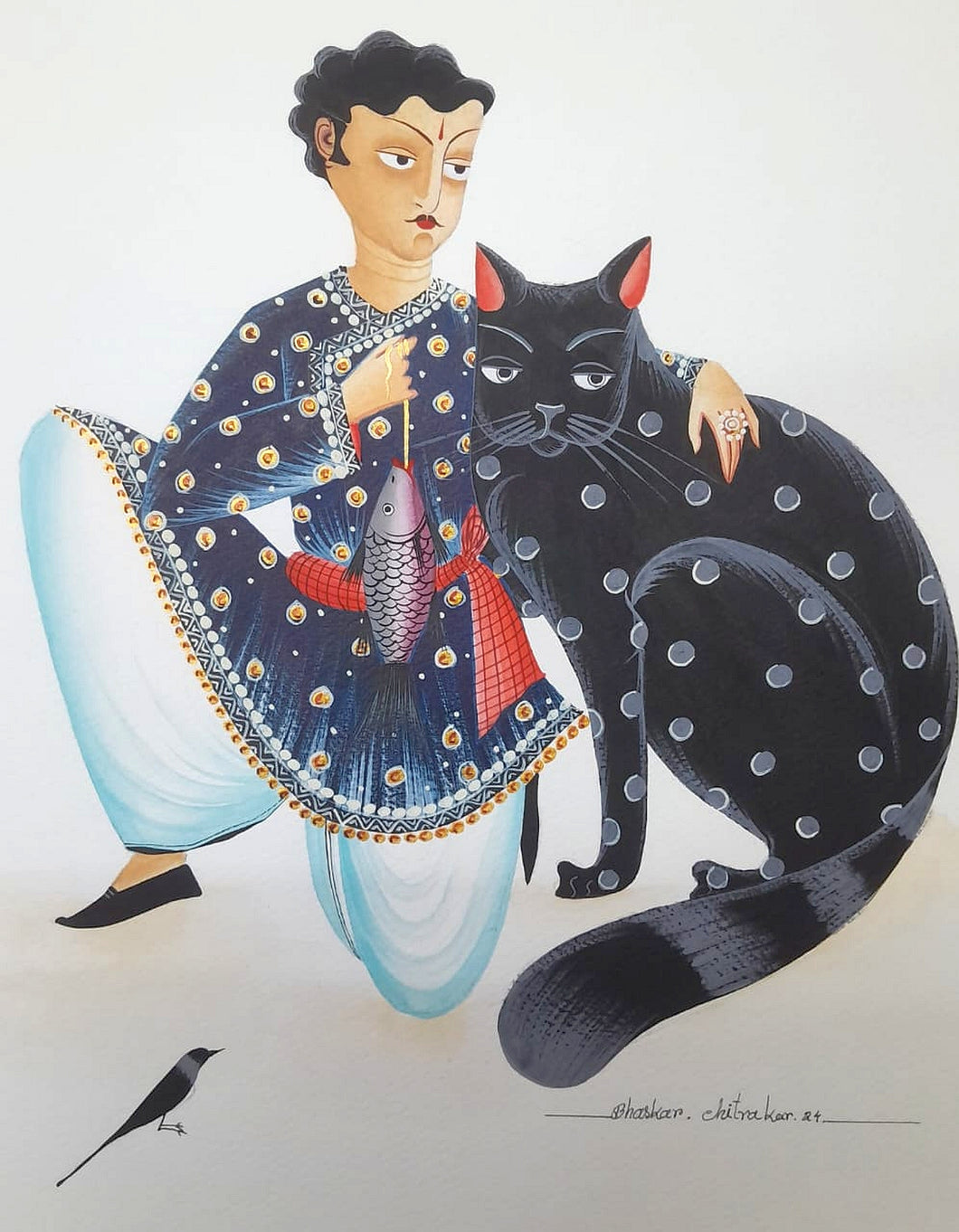 Babu and his Pet : Kalighat patachitra by Bhaskar Chitrakar