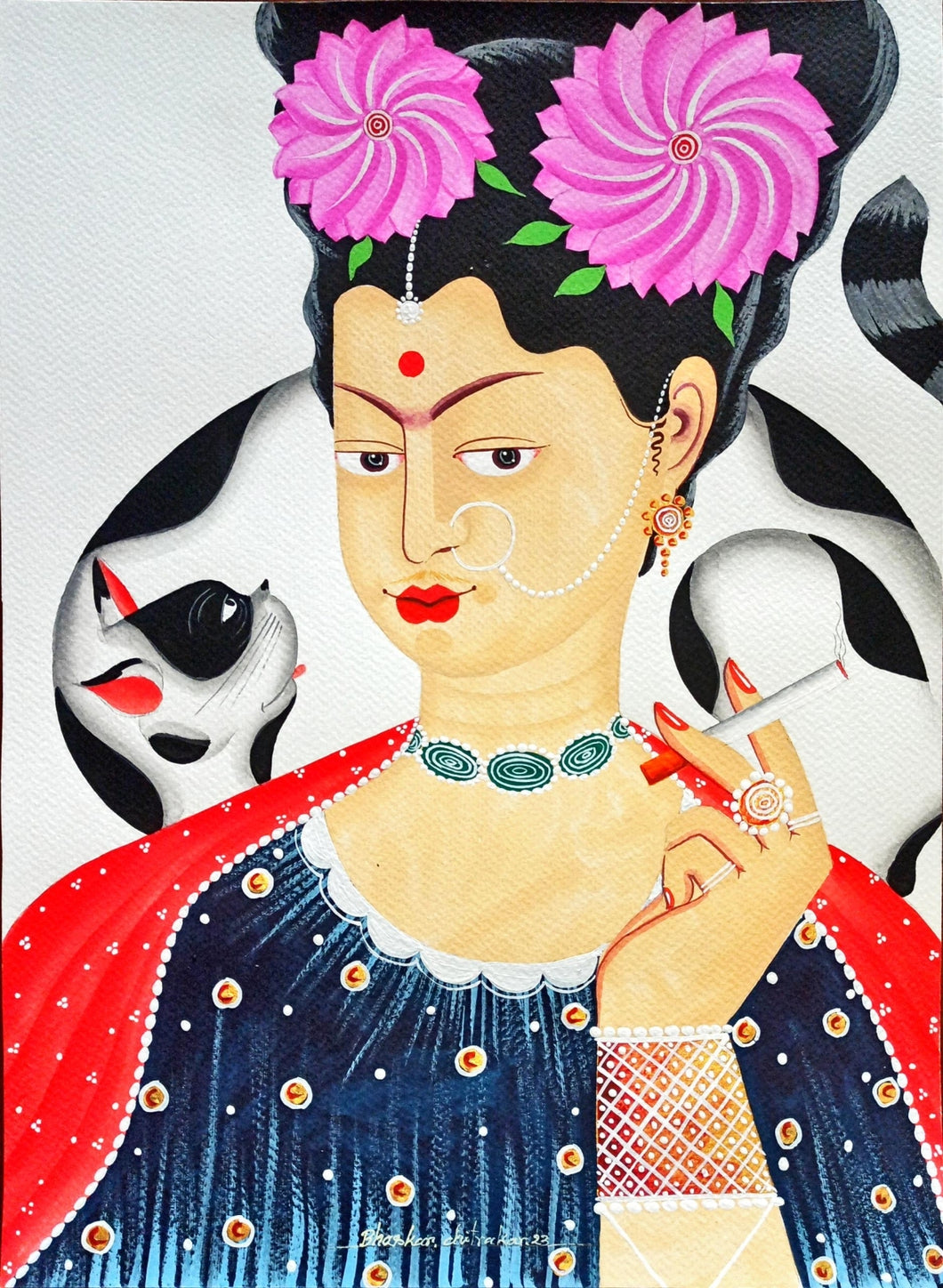 Kali-Kahlo with cigarette, cat and two pink flowers : Bhaskar Chitrakar