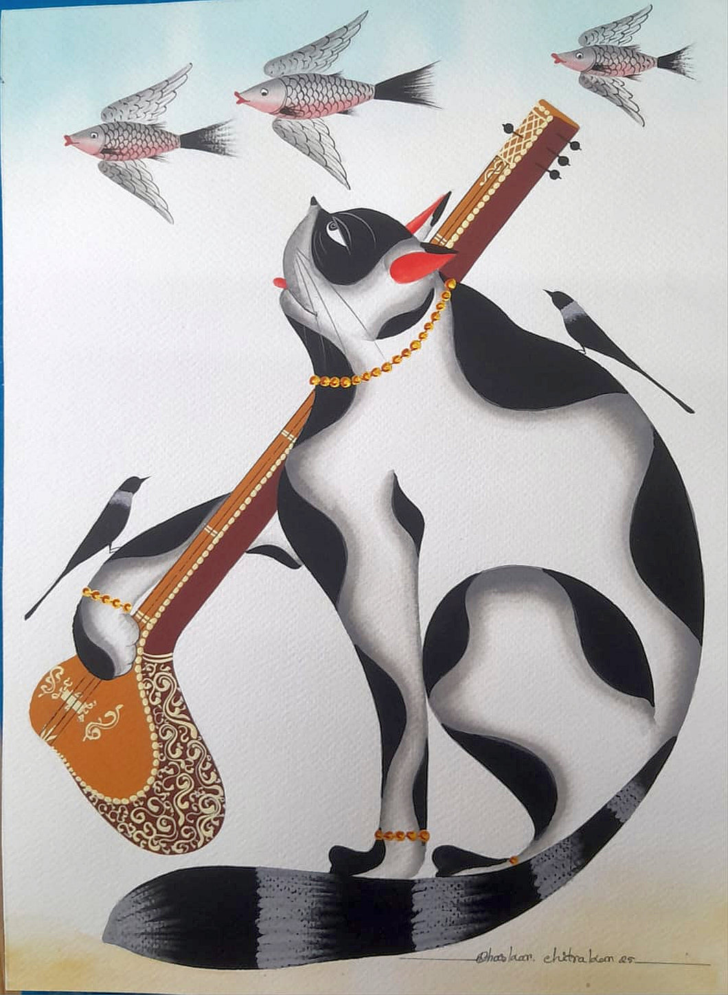 Kalighat Cat playing the sitar to crows by Bhaskar Chitrakar