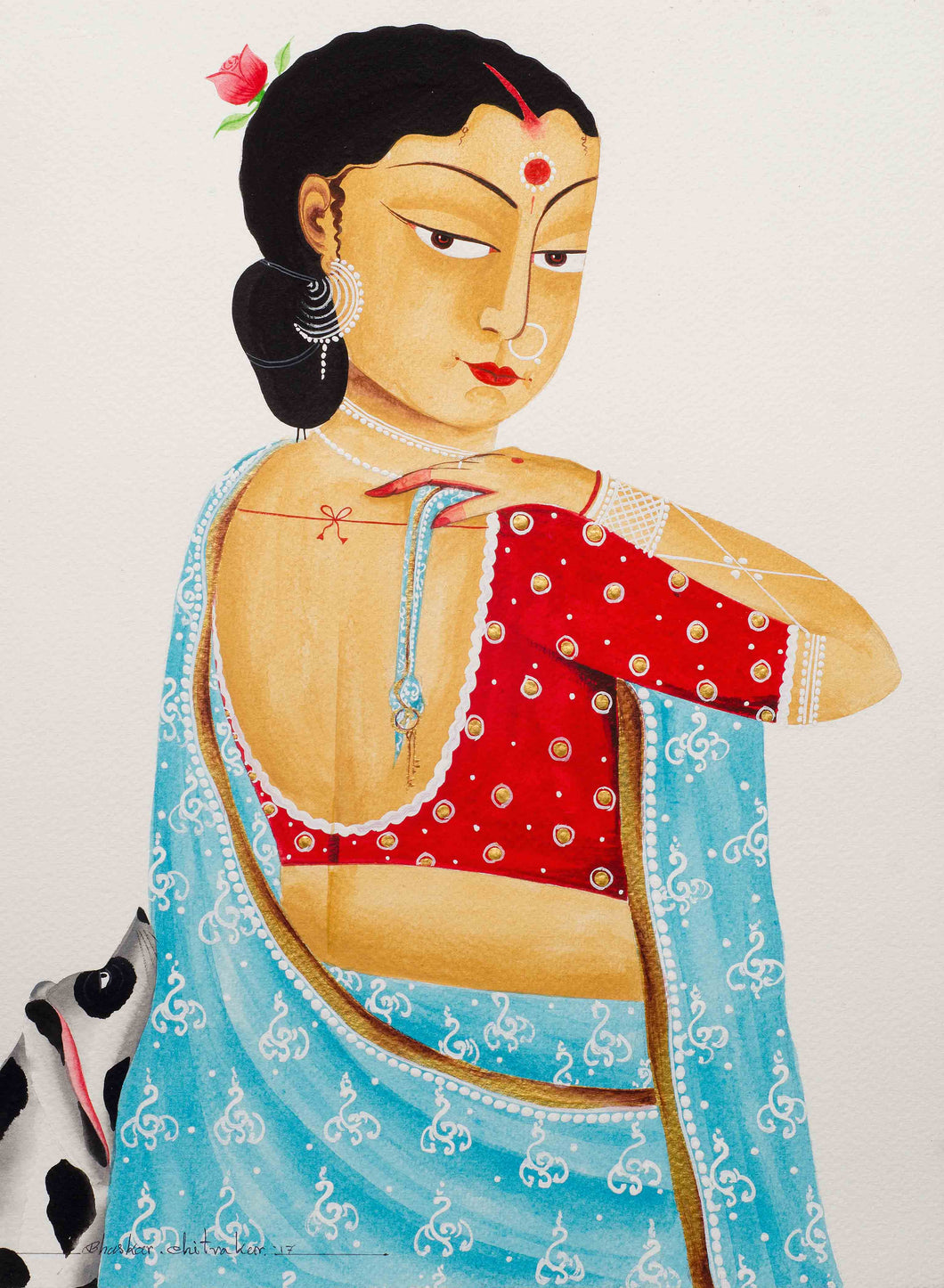 Bibi in saree - Bengali style : digital print of Kalighat patachitra by Bhaskar Chitrakar