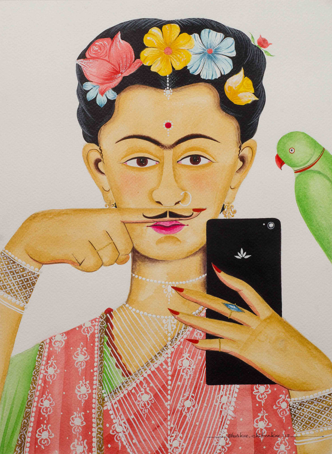 Kali-Kahlo taking a 'selfie' : digital print of Kalighat patachitra by Bhaskar Chitrakar