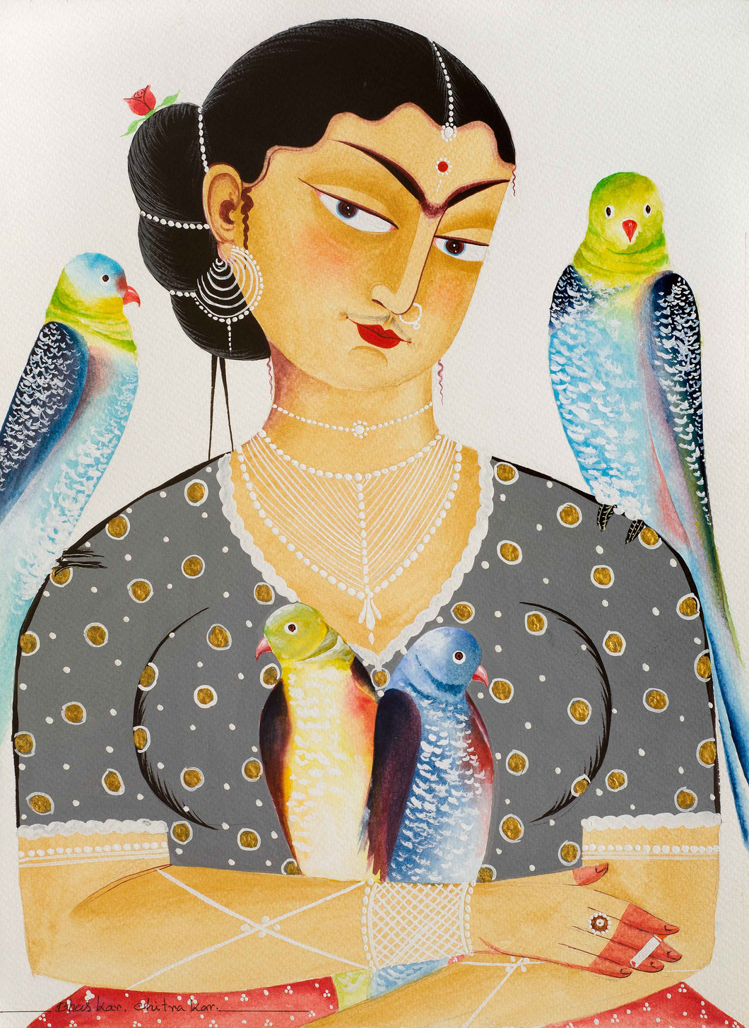 Kali-Kahlo with birds : digital print of Kalighat patachitra by Bhaskar Chitrakar