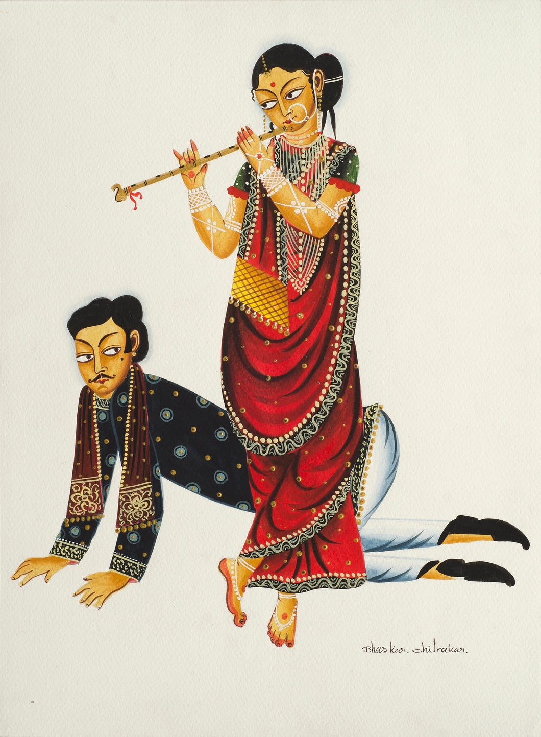 Babu dancing to Bibi's tune: digital print of Kalighat patachitra by Bhaskar Chitrakar