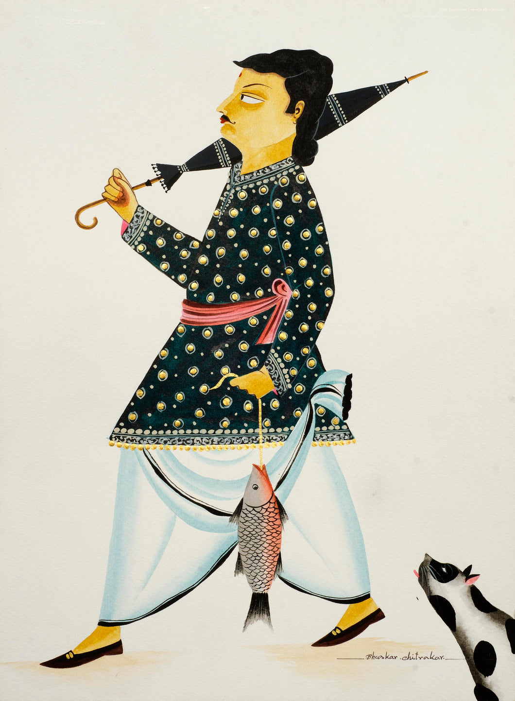 Babu with fish and umbrella : digital print of Kalighat patachitra by Bhaskar Chitrakar