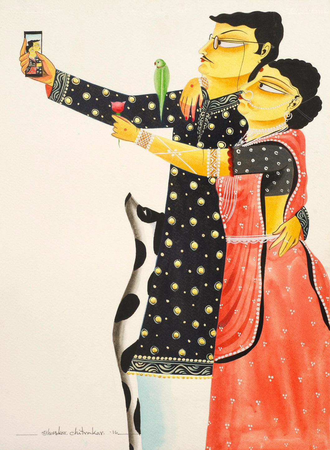 Babu-Bibi taking a selfie -1 : digital print of Kalighat patachitra painting by Bhaskar Chitrakar