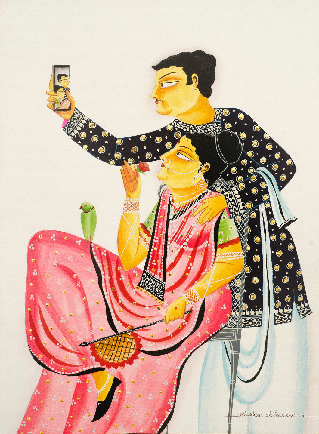 Babu-Bibi taking a selfie 2 : digital print of Kalighat patachitra painting by Bhaskar Chitrakar