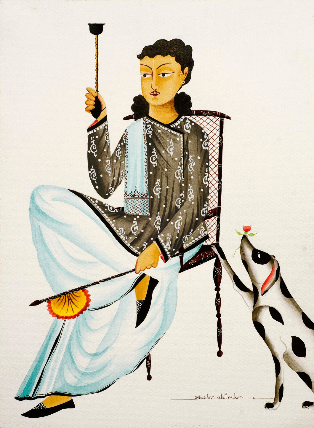 Babu with hookah, fan & dog : Digital print of Kalighat patachitra by Bhaskar Chitrakar