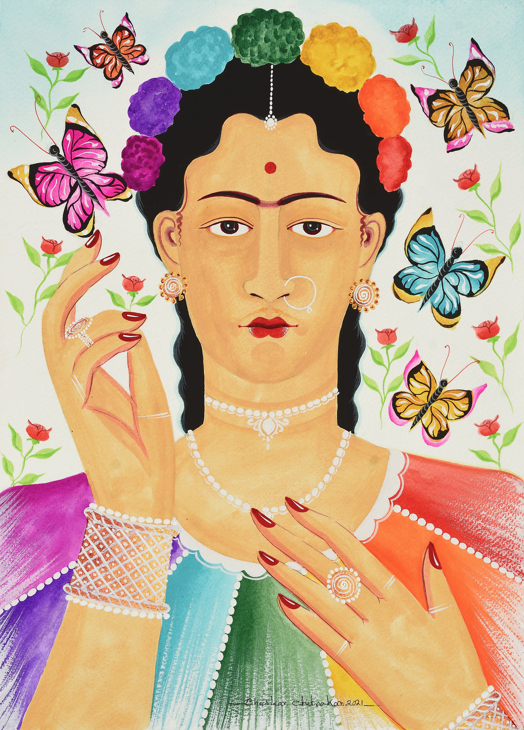 Kali-Kahlo as LGBTQ+ supporter : digital print of Kalighat patachitra by Bhaskar Chitrakar