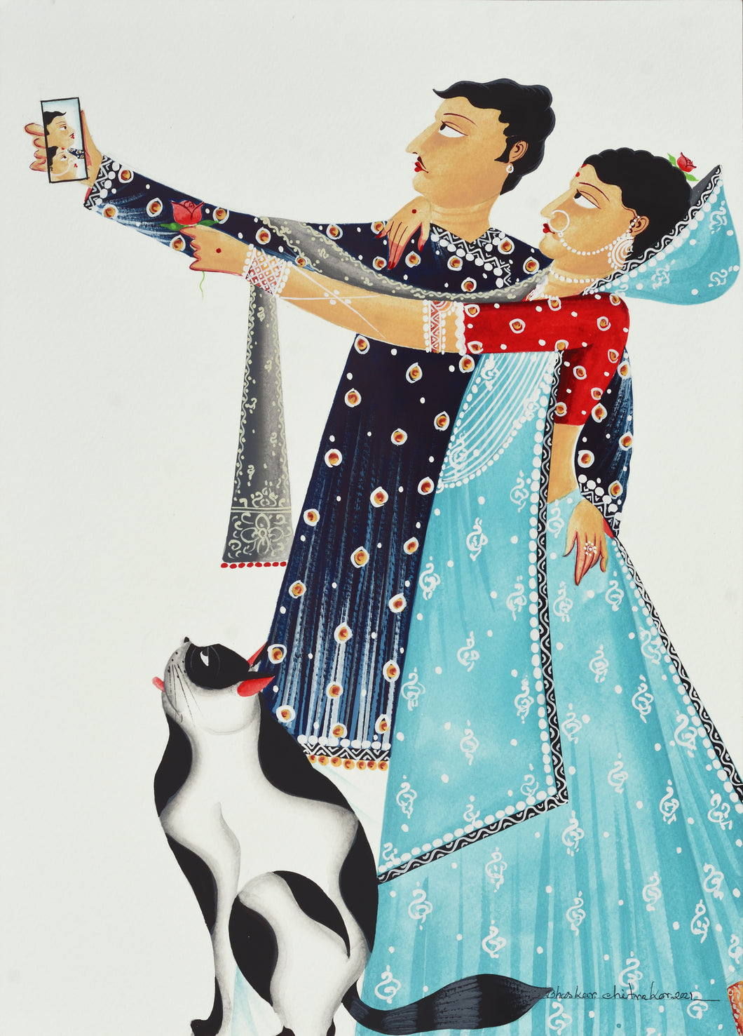 Babu-Bibi taking a 'selfie' with cat : digital print of Kalighat patachitra by Bhaskar Chitrakar