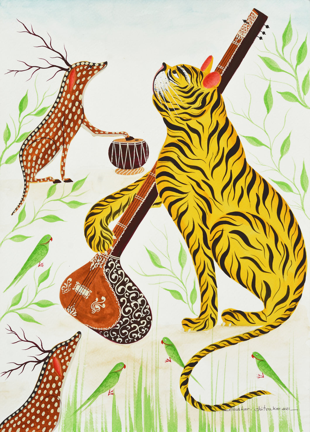 Animal Musicians : digital print of Kalighat patachitra by Bhaskar Chitrakar