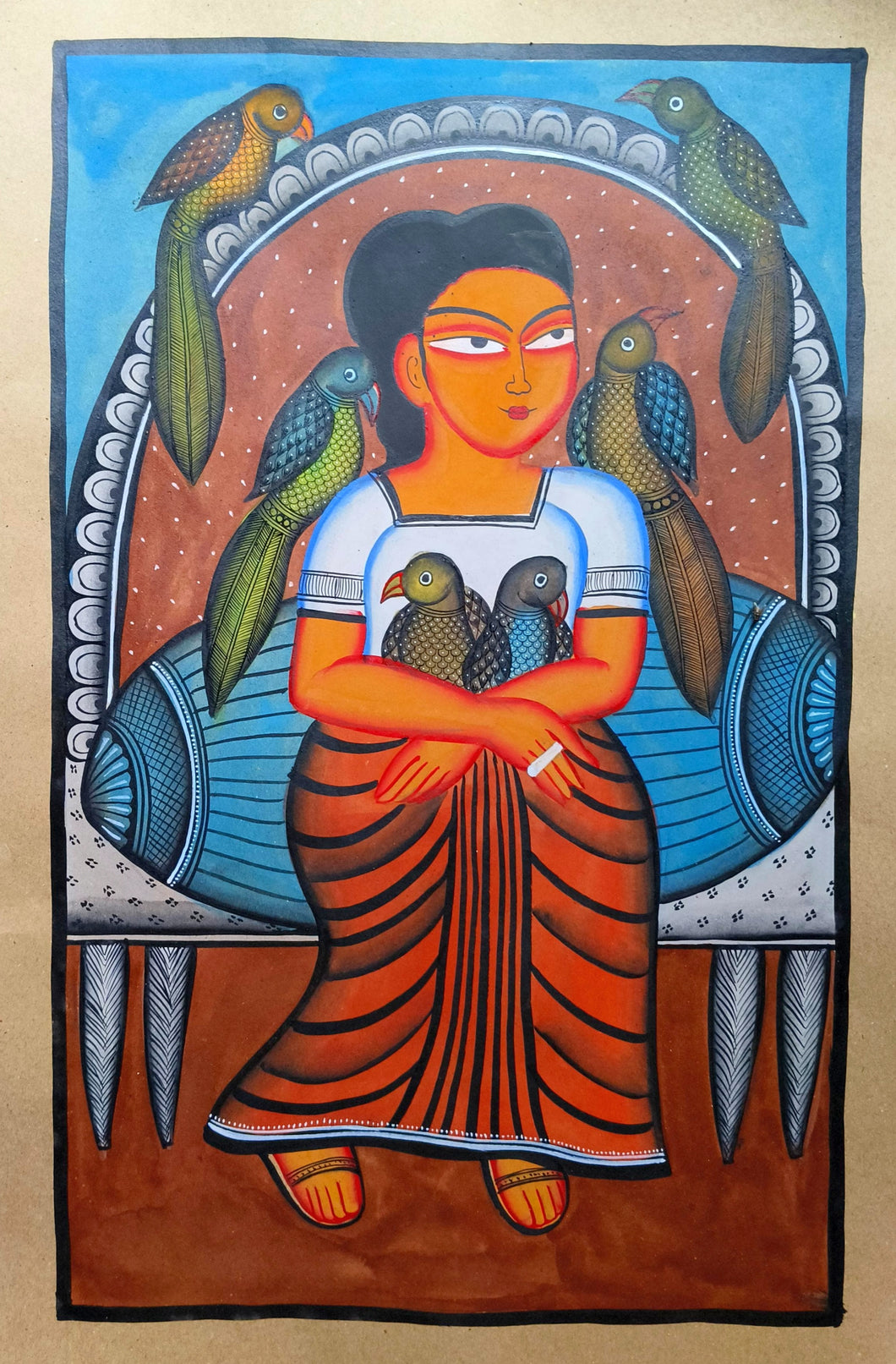 Frida with birds & cigarette 2 : Midnapore patachitra by Layala Chitrakar