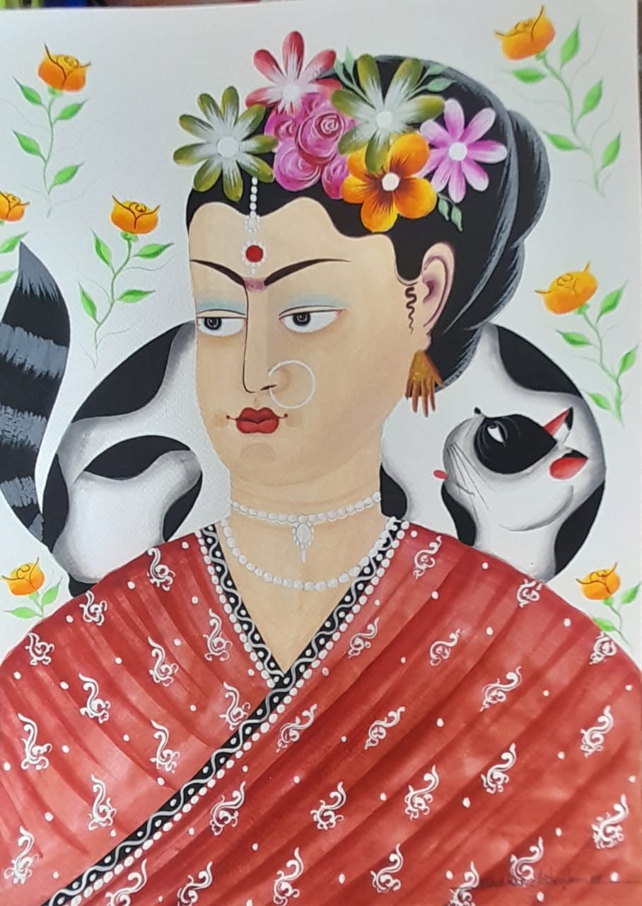 Kali-Kahlo with Saree, Cat, and flowers : Frida Kahlo inspired Kalighat patachitra by Bhaskar Chitrakar