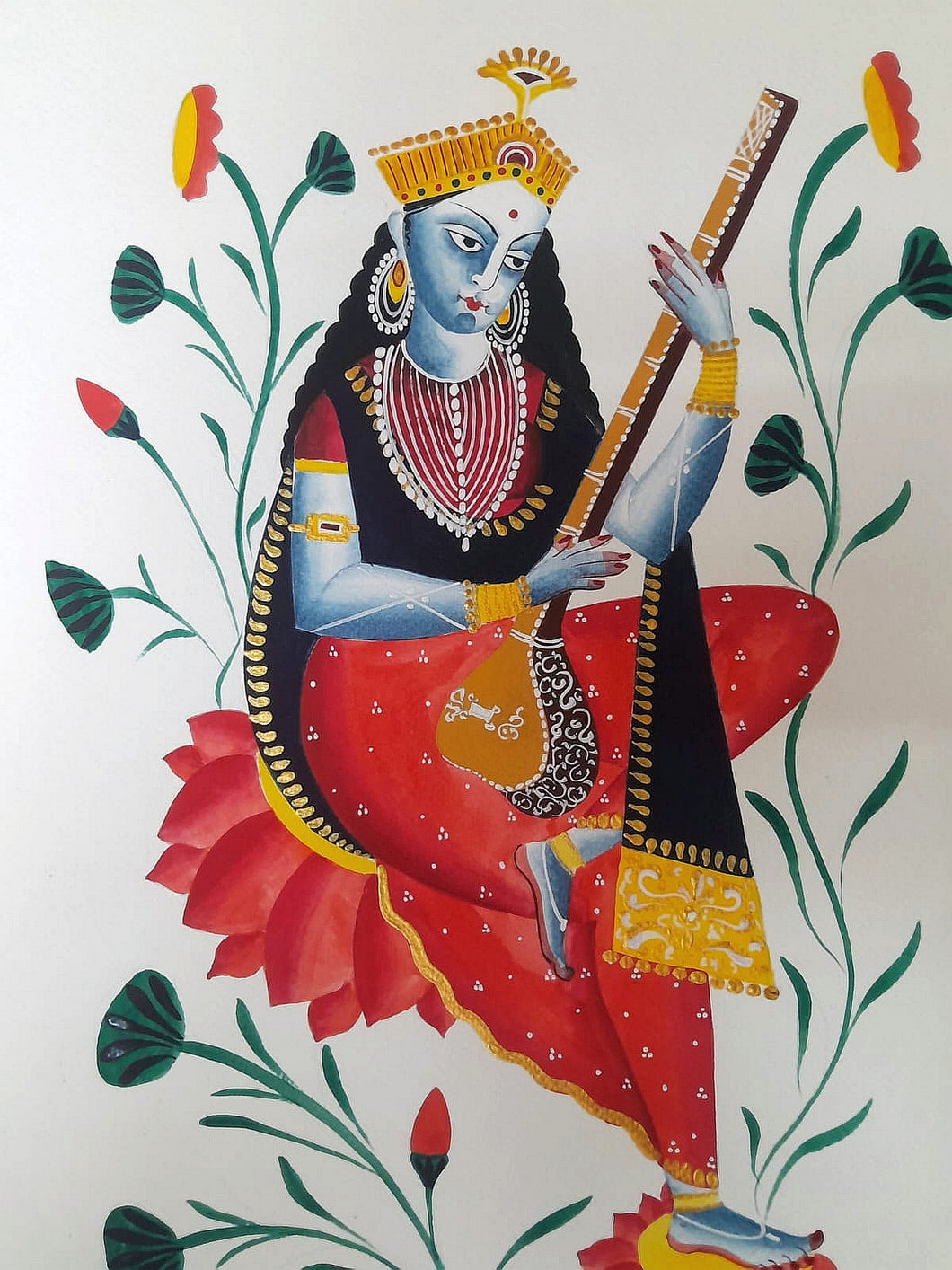 Saraswati : Kalighat patachitra painting by Bhaskar Chitrakar