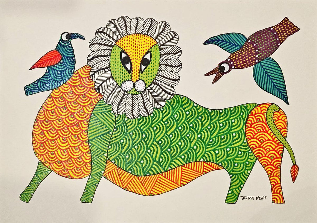 Lion King : Gond paper painting by Ujala Urweti