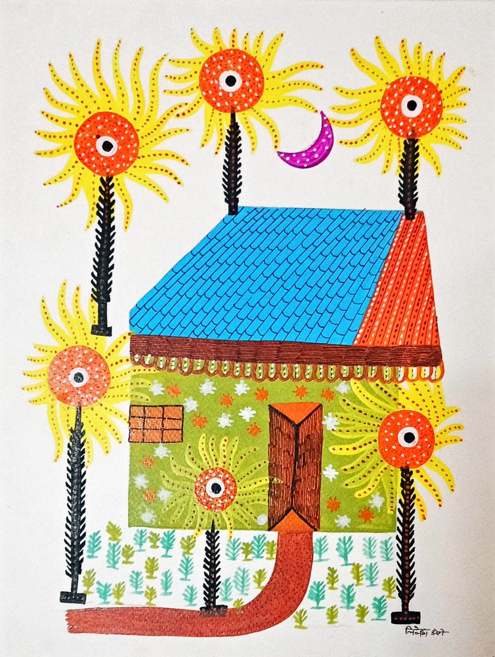 Sunflowers : Gond painting by Lilesh Urweti