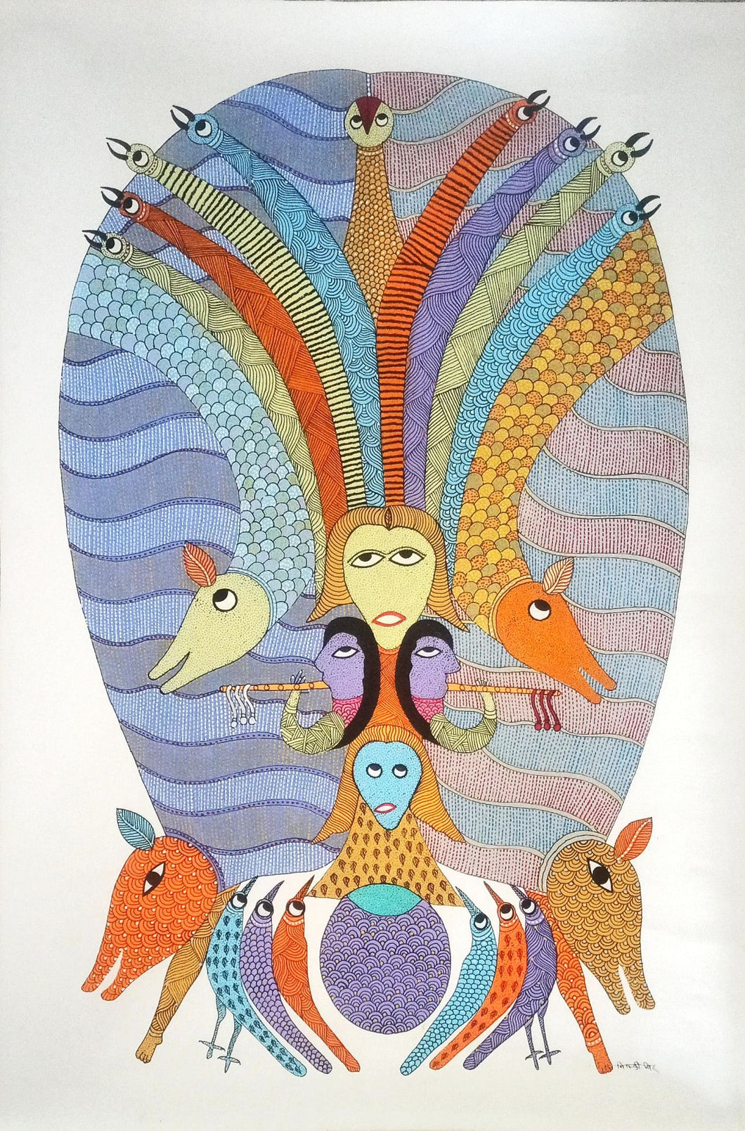 Mother-Tree and Forest Family, Gond canvas painting by Lilesh Urweti