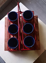 Load image into Gallery viewer, Cutting chai set of 6 indigo blue glasses with red metal holder
