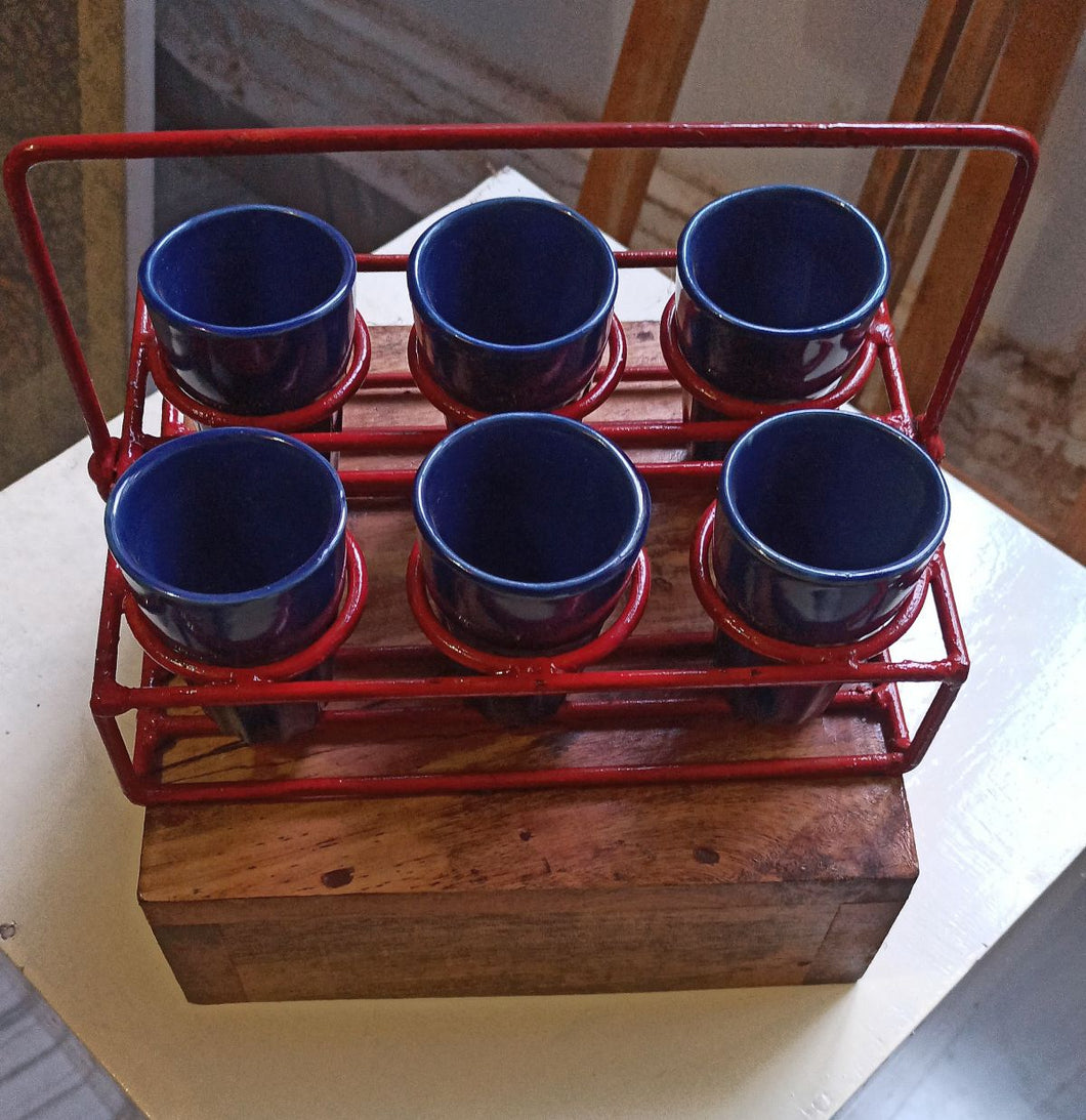 Cutting chai set of 6 indigo blue glasses with red metal holder